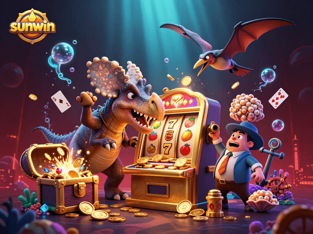 Experience the excitement of sunwin as a pachycephalosaurus wins a jackpot in this lively 3D casino scene.