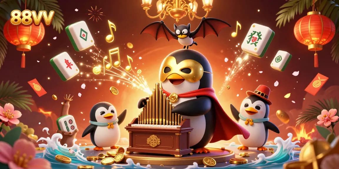 Experience the magic of 88VV as the penguin plays and coins flow in this vibrant casino illustration.