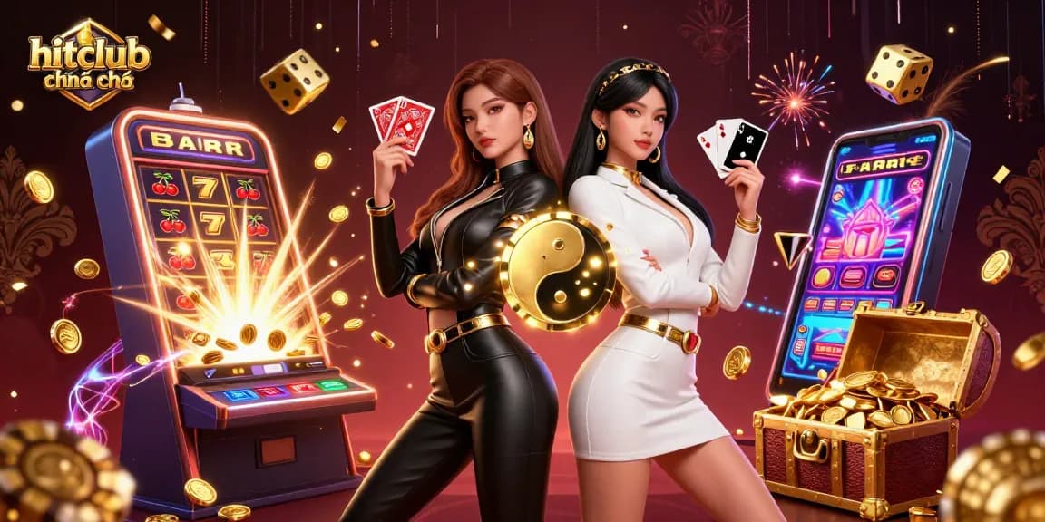 Win big with hitclub chính chủ, featuring twin Asian women showcasing their playing cards amidst a dynamic casino scene.