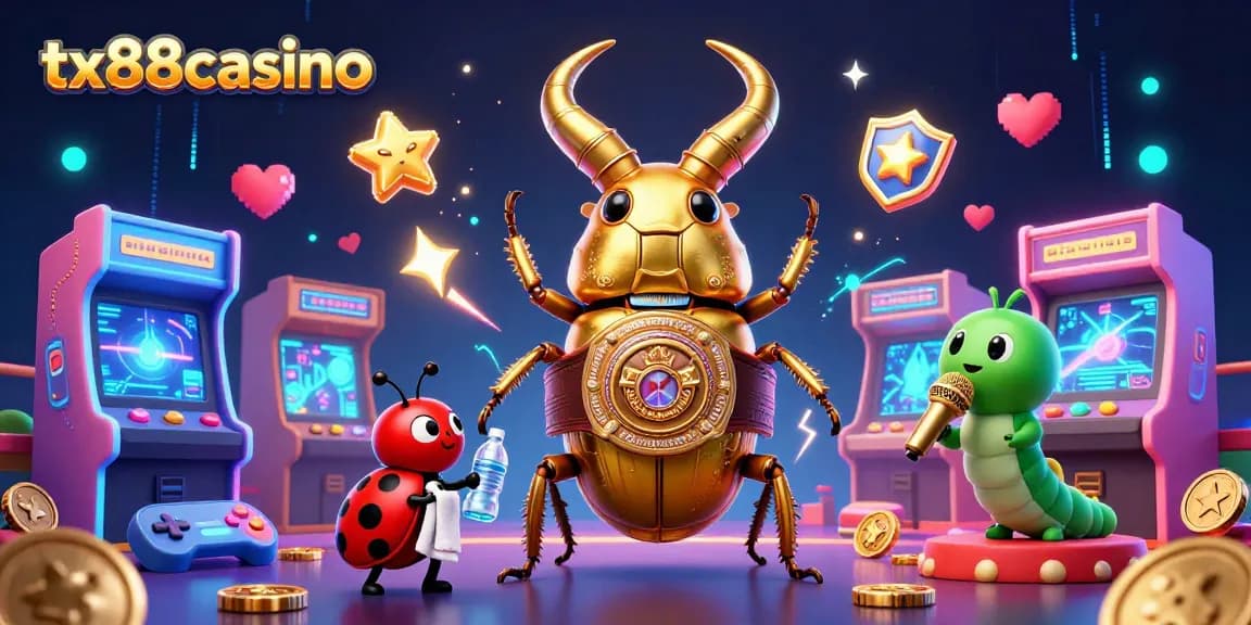 Engage with the tx88casino experience, showcasing a dynamic 3D illustration of a boxing stag beetle and vibrant gaming elements.