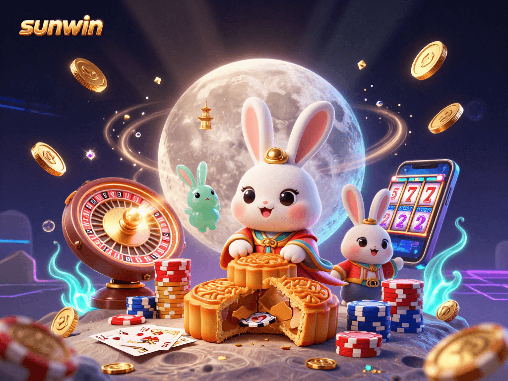 Spin the winning slots with sunwin's vibrant 3D casino illustration featuring playful characters.
