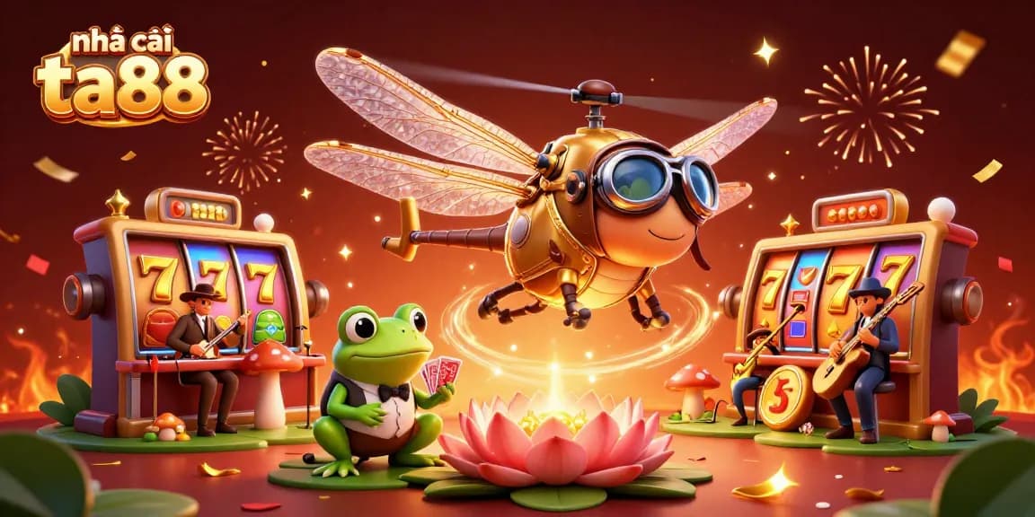 Experience excitement at nhà cái ta88 with a vibrant casino scene featuring a dragonfly pilot, frog croupier, and jazz musicians.