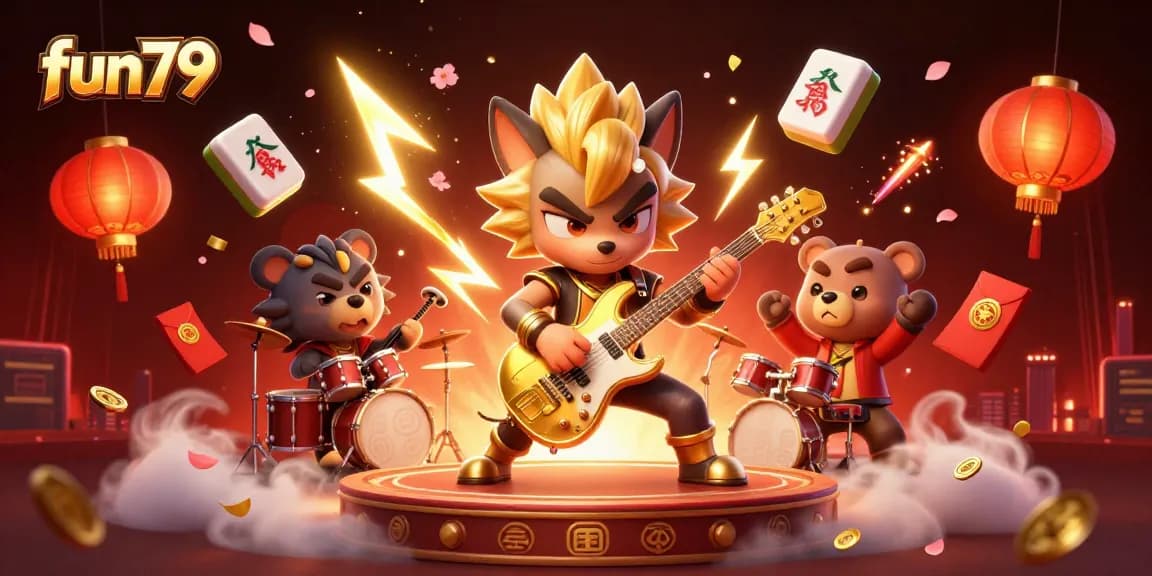 Experience fun79's thrilling casino action with a rock star wolf shredding guitar amidst vibrant gaming elements.