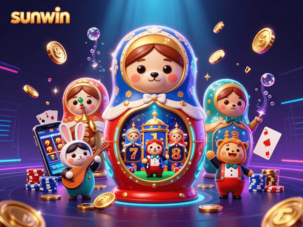 Experience the thrill of sunwin gaming with a vibrant scene featuring a matryoshka bear family, casino elements, and slot machine lucky sevens.
