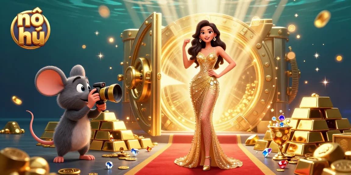 Nổ hũ jackpot scene with glamorous elements, showcasing brilliant gemstones and golden treasures.