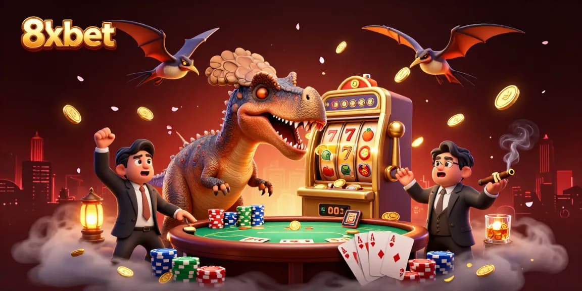 Experience the thrills of 8xbet as creatures spin golden slot machines and catch flying coins in a vibrant casino scene.