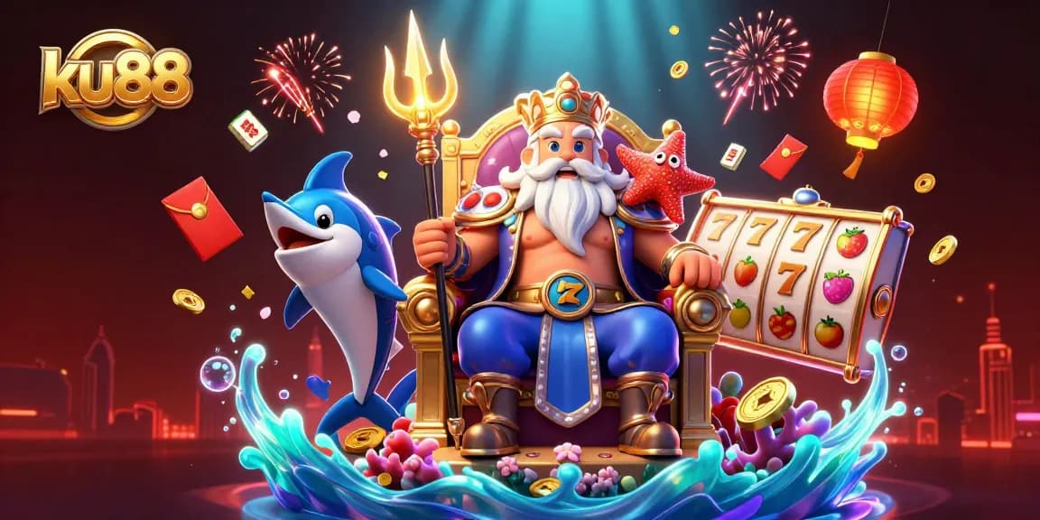 Experience thrilling gaming at ku88 with Neptune and exciting slot elements in a vibrant scene.