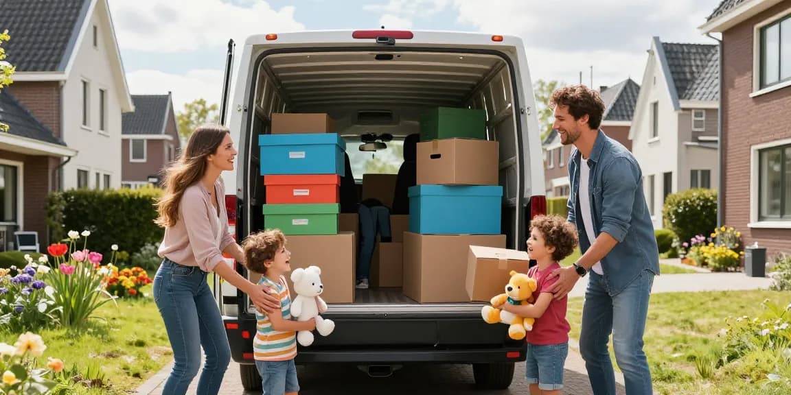 Family packing boxes for their verhuisbedrijf den haag moving day, showcasing excitement and teamwork.