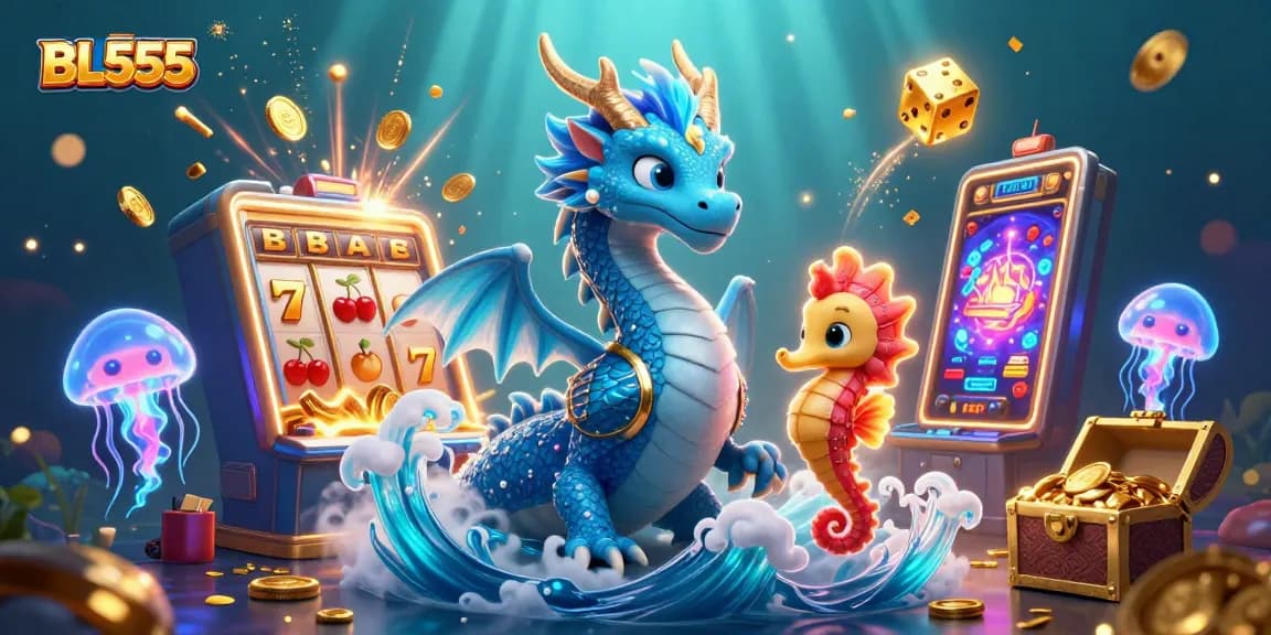 Experience the thrill of BL555 with a vibrant slot game scene featuring animated characters and casino elements.