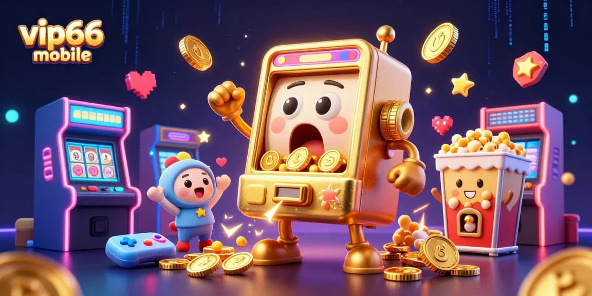Experience the thrilling vip66 mobile jackpot with vibrant slot machines and popcorn fun in this dynamic illustration.