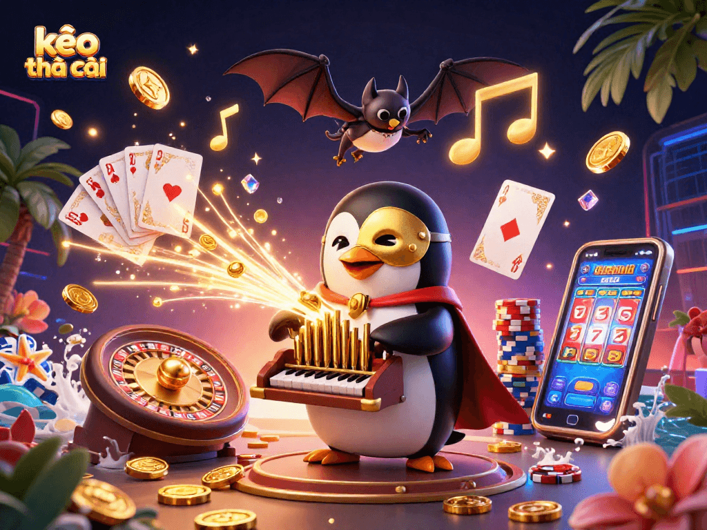 Experience kèo nhà cái excitement with dynamic golden coins, a phantom penguin, and vibrant casino elements.