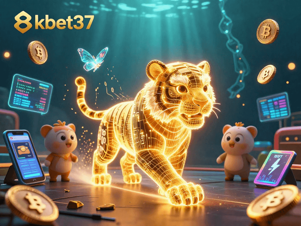 Engage with 8kbet37 in a vibrant digital casino environment featuring neon elements and crypto themes.