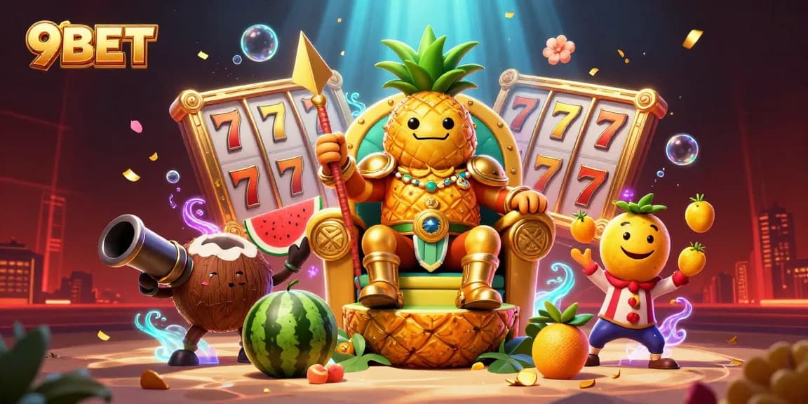 Engage with 9BET's vibrant casino scene featuring the pineapple king and immersive gaming elements.