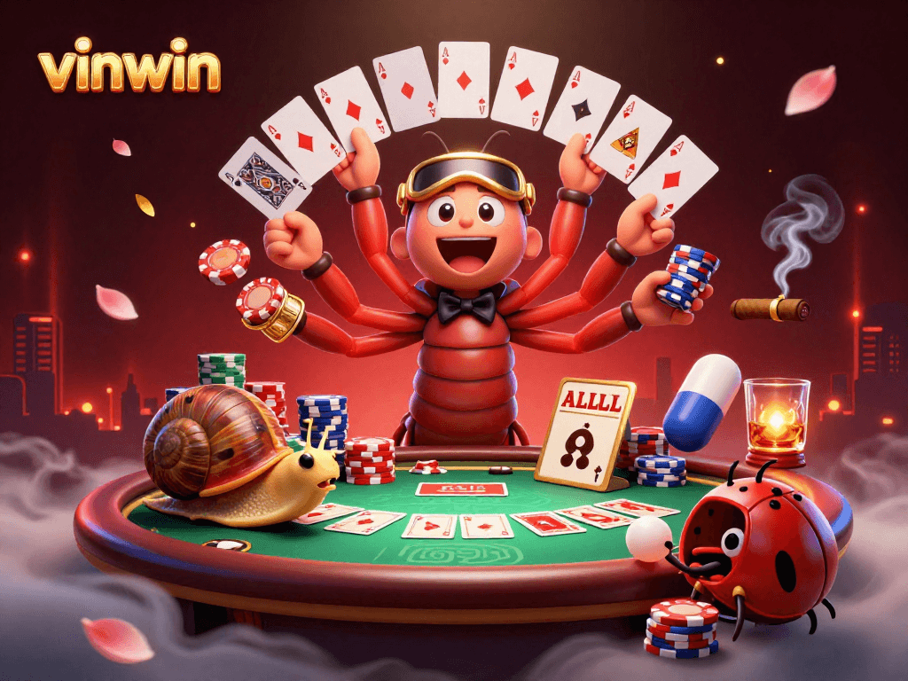 Experience thrilling online gambling at vinwin with a fun dealer scene featuring card games and excitement.