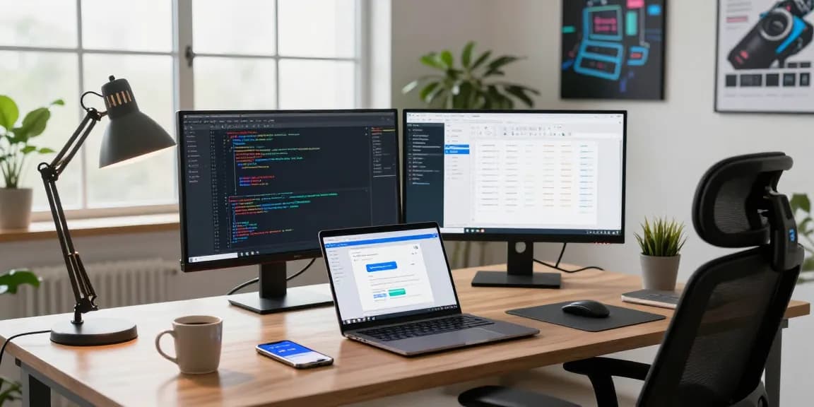 Download WPS Office interface displayed on a developer's laptop in a modern workspace filled with tech elements.