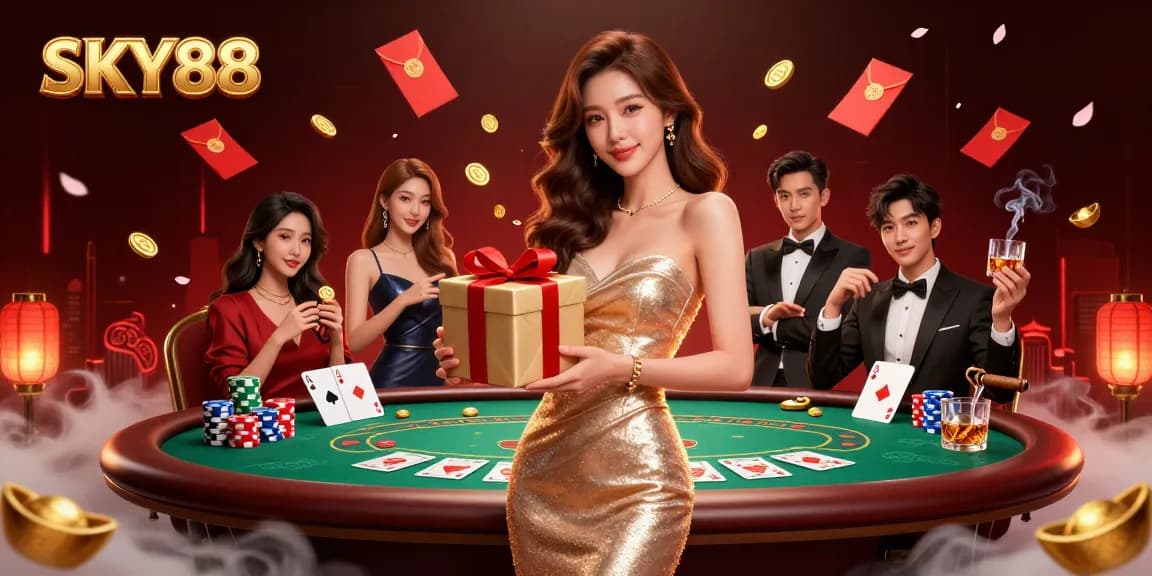 Win big at SKY88 while celebrating Lunar New Year with festive gold and poker elements.
