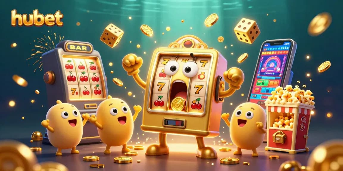 Hubet showcases a vibrant slot machine jackpot celebration with gold coins and festive elements.
