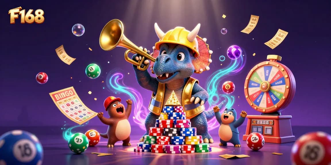 F 168 offers a vibrant gaming experience with colorful lottery balls and poker chips in action.