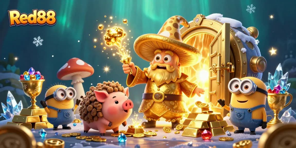 Experience the magic of Red88 with a wizard turning treasure to gold amidst glittering gems.