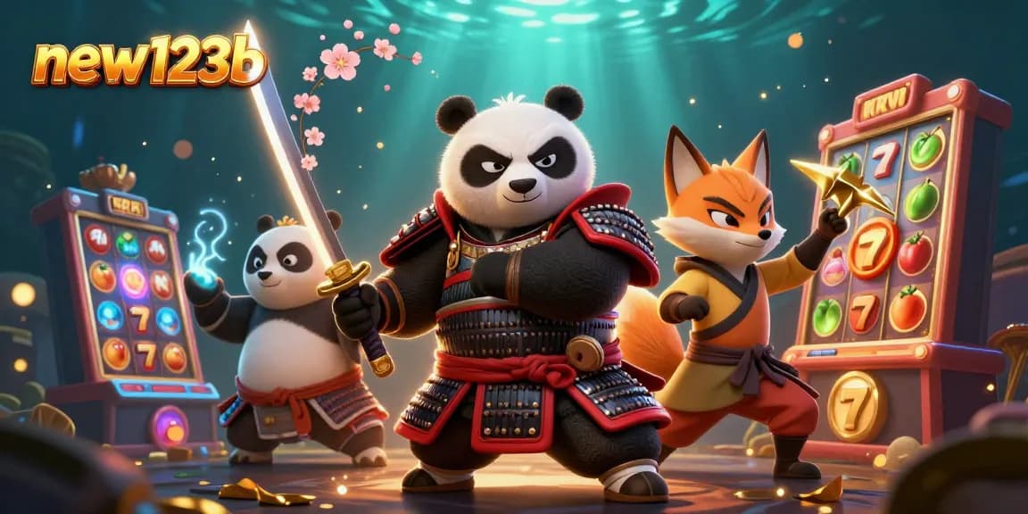 Experience thrilling gameplay at new123b with a vibrant 3D casino scene featuring samurai panda and interactive slots.