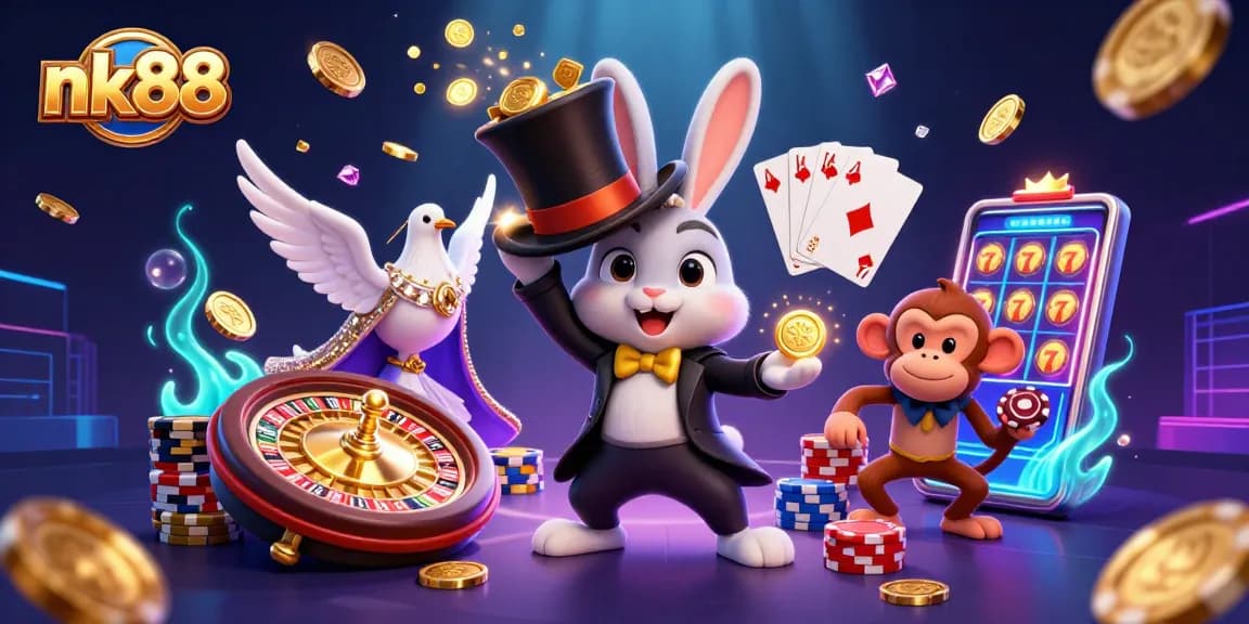 Experience the thrill of nk88 with a magician rabbit pulling coins amidst dazzling casino elements.