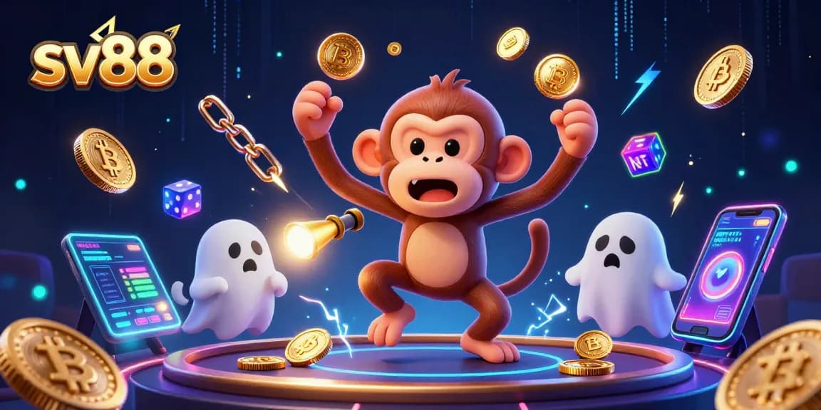 sv88 showcases a mischievous poltergeist monkey juggling golden coins amidst a vibrant casino atmosphere.