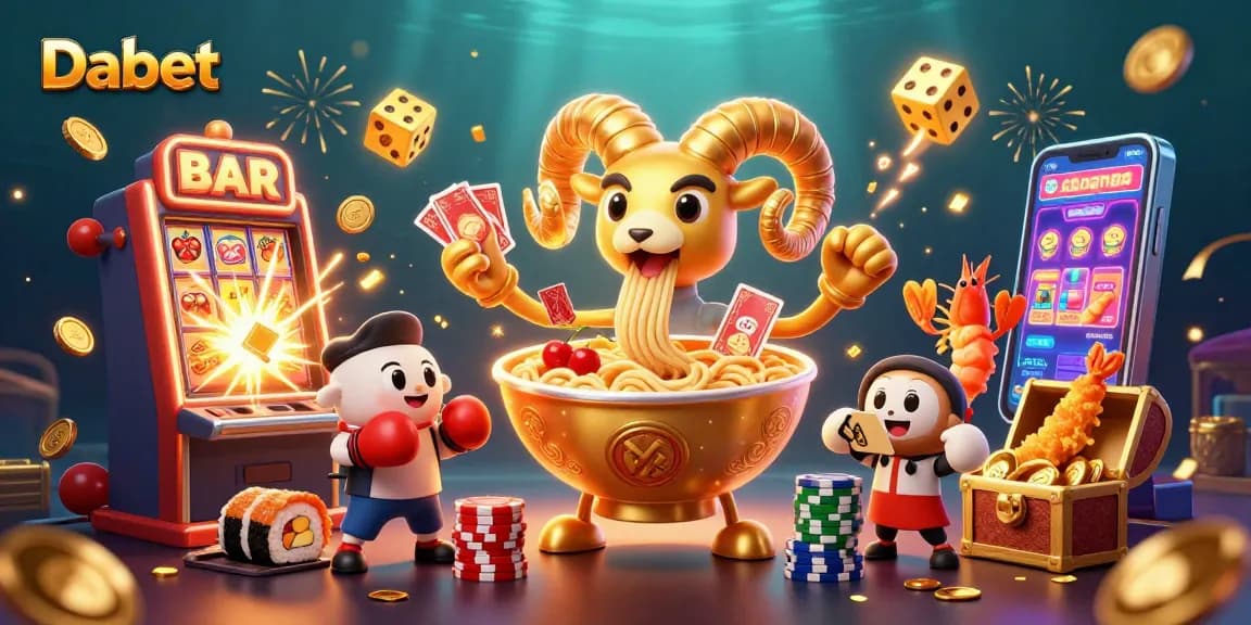 Dabet engages players at an exciting casino scene with a golden ramen bowl character, lively sushi dealers, and jackpot action.