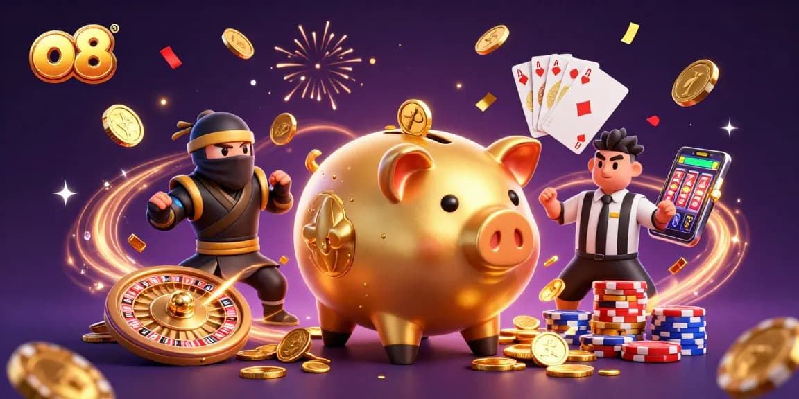 Experience thrilling actions at o8 with a golden piggy bank samurai and exciting casino elements.