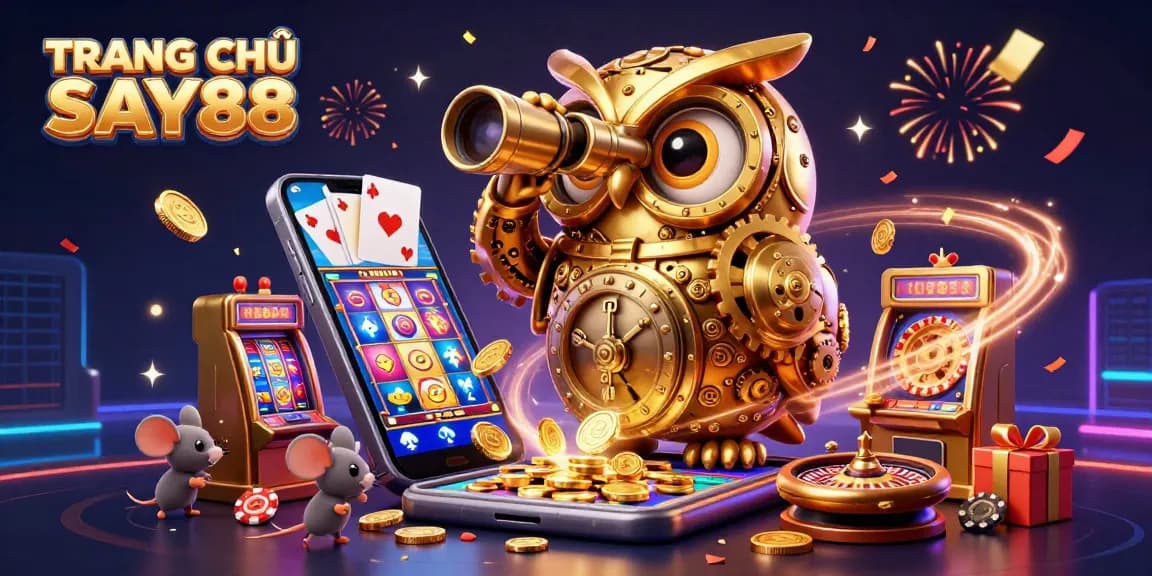 Engage with TRANG CHỦ SAY88 as you explore a vibrant 3D casino scene featuring a golden owl and lively slot games.