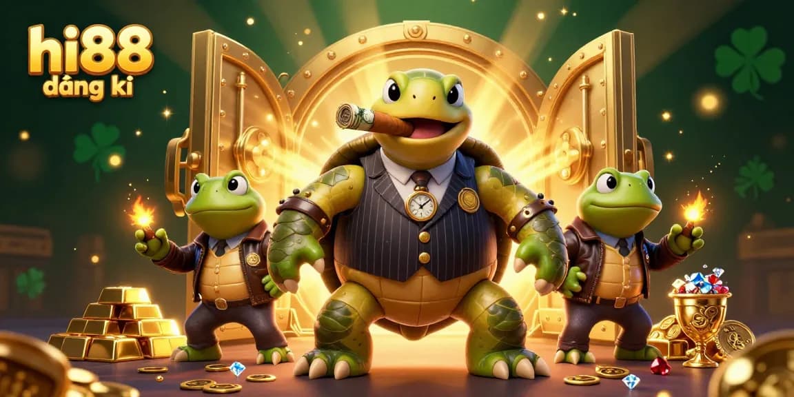 Engage with hi88 đăng ký for exciting casino action, featuring vibrant scenes of a turtle in a mobster suit.