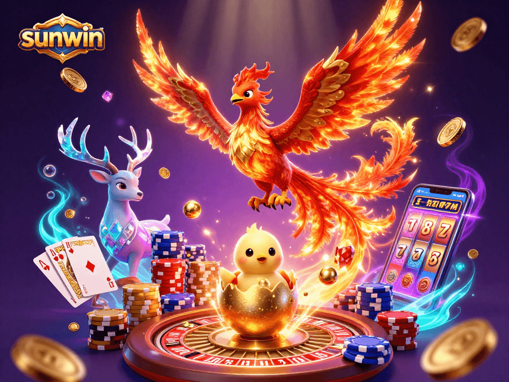 Experience sunwin's thrilling action with a phoenix and stag in a vibrant casino scene.