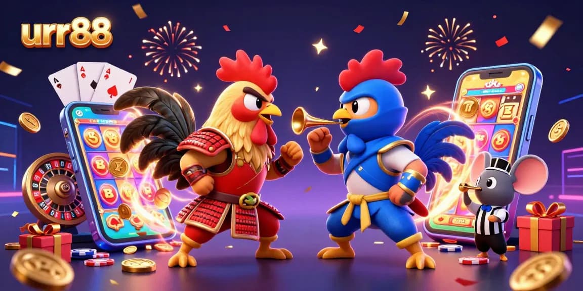 Experience the thrill of urr88 with vibrant 3D illustrated fighting roosters in a dynamic casino scene.