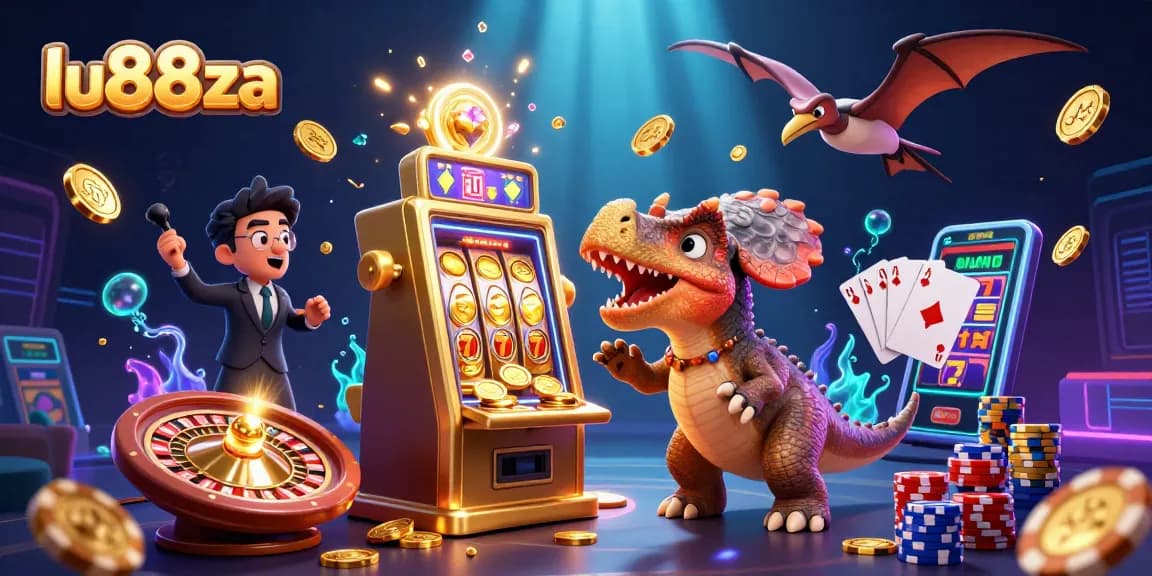 Experience thrilling gameplay at lu88za with a 3D image showcasing exciting jackpots and dynamic casino action.