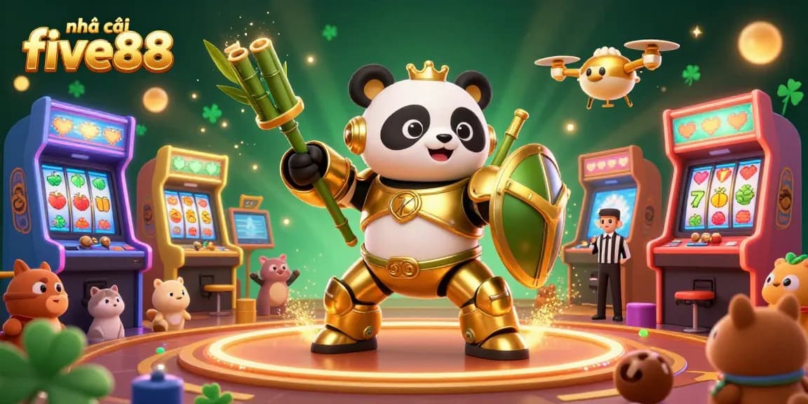 Immerse in the vibrant world of nhà cái five88, witnessing a golden panda in mech-suit battling amidst colorful casino elements.