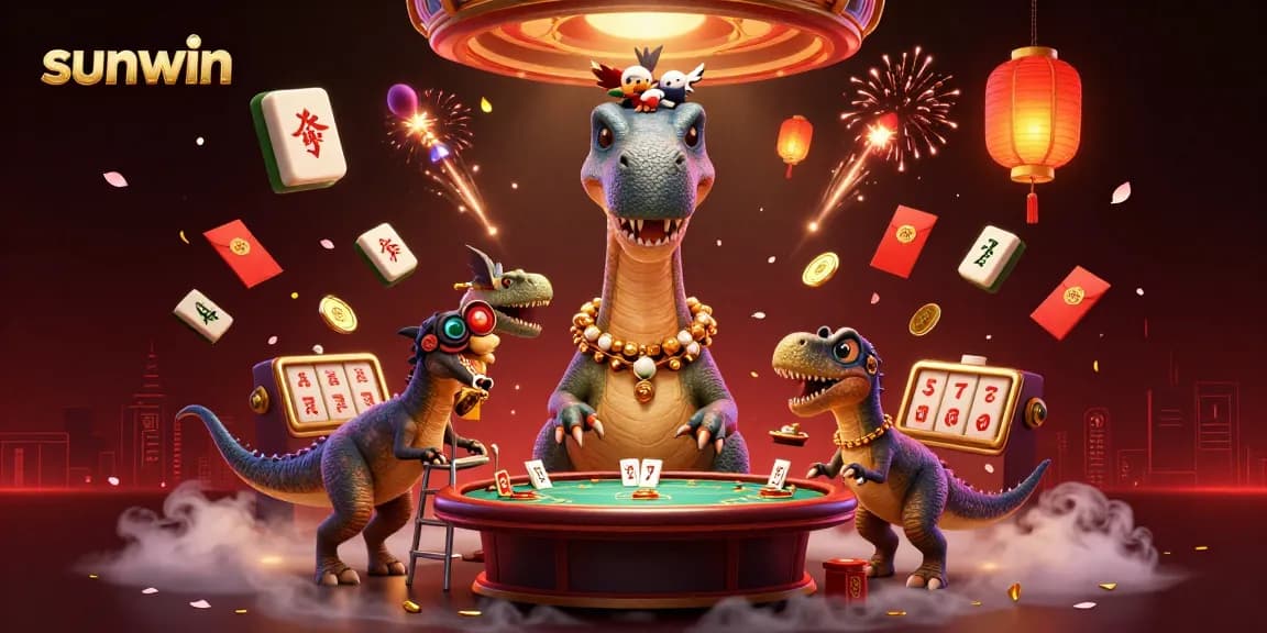 Engage with sunwin in this dynamic casino scene featuring a brontosaurus and clever raptor.