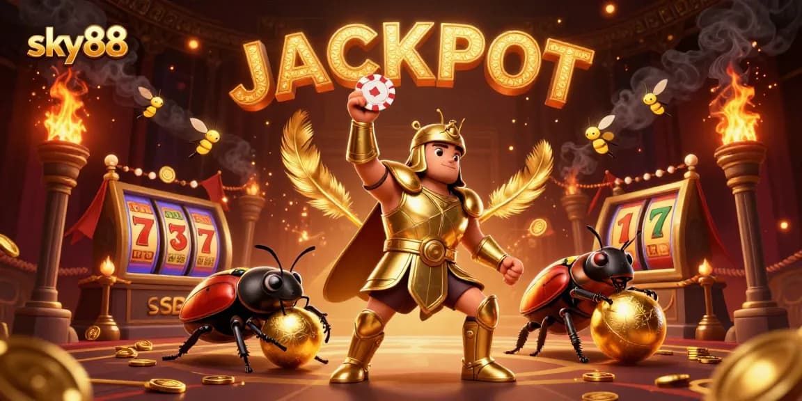 Experience sky88 with a vibrant 3D illustration of heroic beetles and jackpot thrill in a lively casino scene.