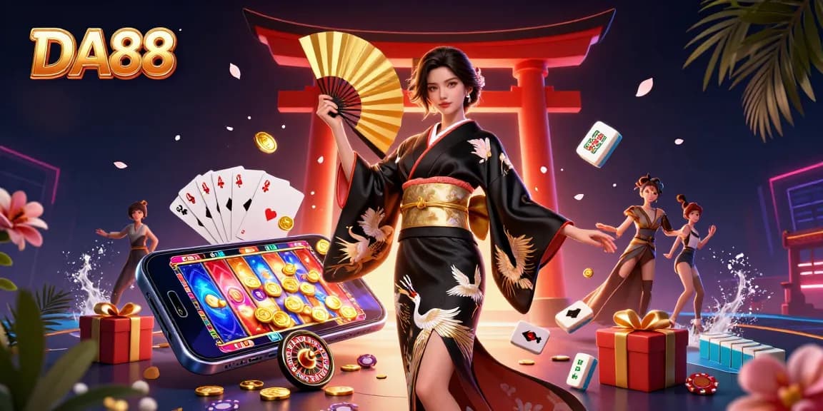 Experience DA88's vibrant gaming world with Asian elegance and dynamic casino elements.