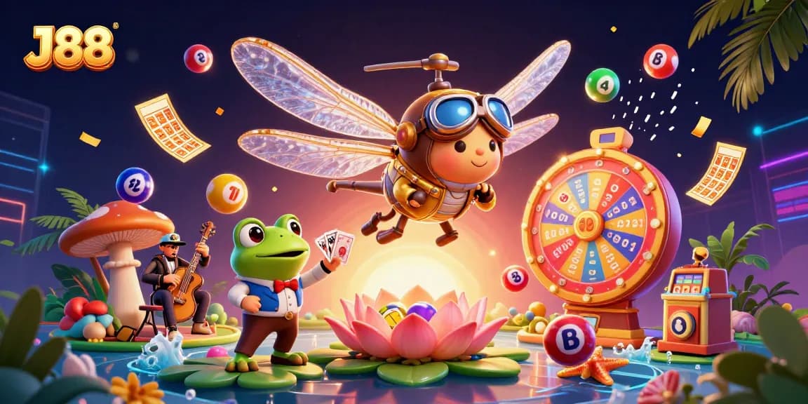 Experience J88's thrilling casino magic with a 3D dragonfly pilot, frog croupier, and jazz musicians!