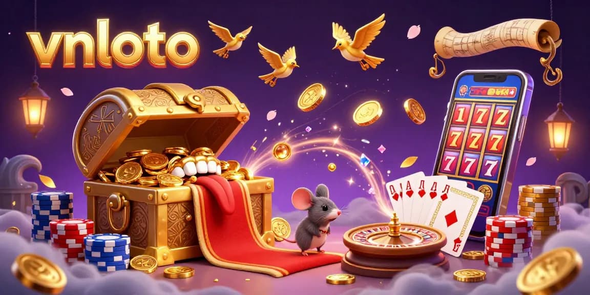 Experience thrilling adventures with vnloto’s golden treasure chest, shining coins, and exciting casino elements.