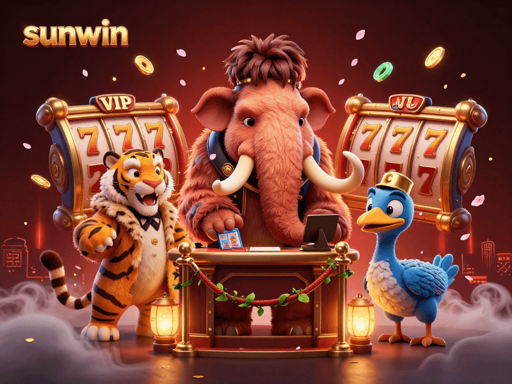 Play exciting slots at sunwin with a 3D mammoth bouncer, tiger guest, and doe doorman illustration.
