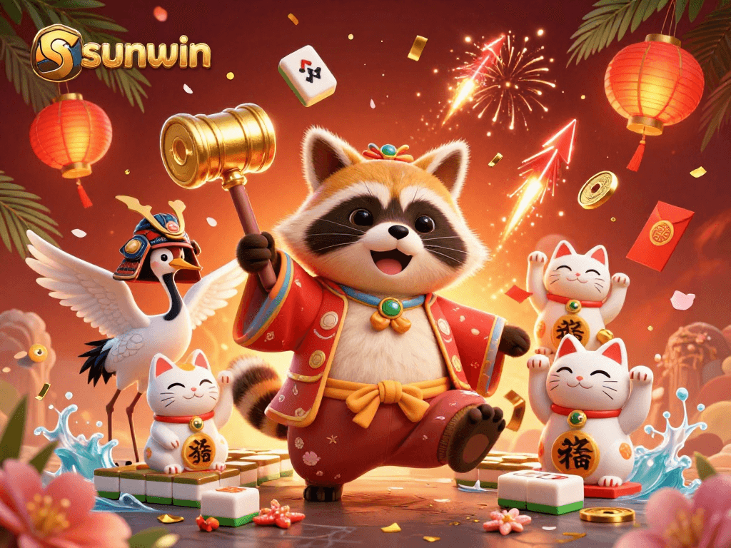 Experience exciting gameplay with sunwin featuring a cheerful tanuki, crane, and lucky fortune cats in a vibrant casino scene.