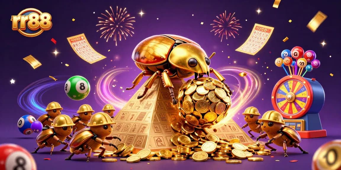rr88 features a charismatic golden beetle, amid vibrant casino elements and magical energy, creating excitement.