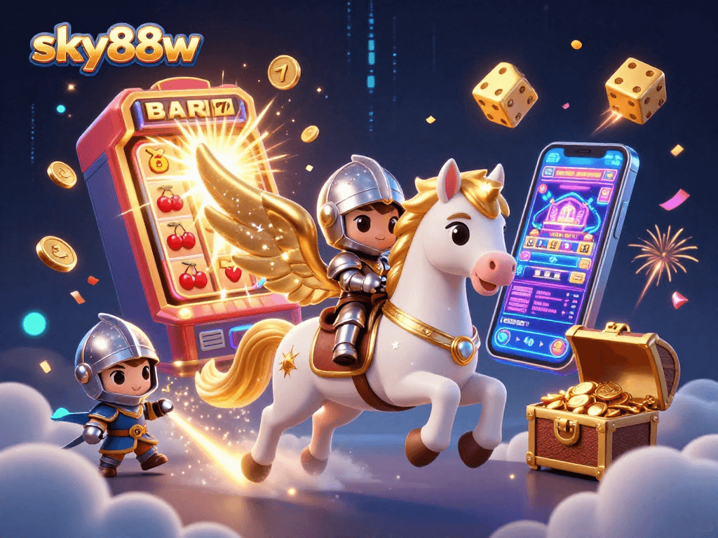 Experience thrilling gambling adventures with sky88w as a celestial knight rides through a vibrant casino world.