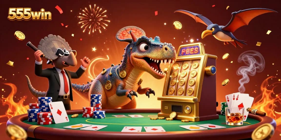 Experience the thrill of winning at 555win while a dinosaur interacts with a golden slot machine, capturing excitement.