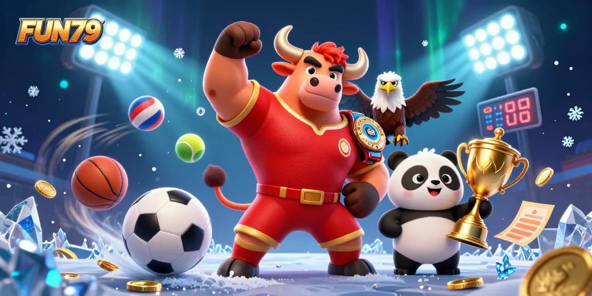 Experience thrilling wins with FUN79's vibrant 3D casino illustration showcasing dynamic sports elements.