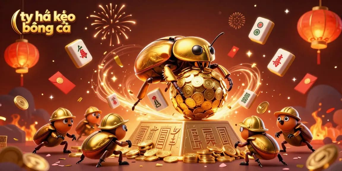 Engage with tỷ lệ kèo bóng đá in this vibrant illustrated scene featuring cartoon beetles and casino symbols.