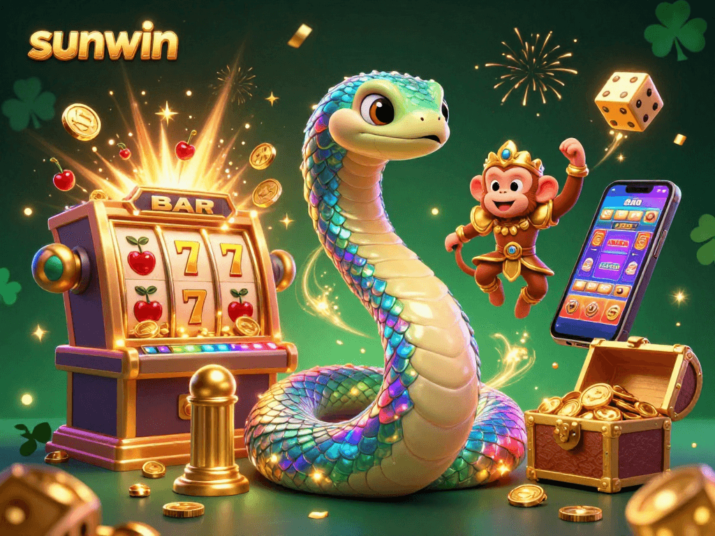 Experience exhilarating wins with sunwin's vibrant casino illustration, featuring dynamic slot machine action and magical elements.