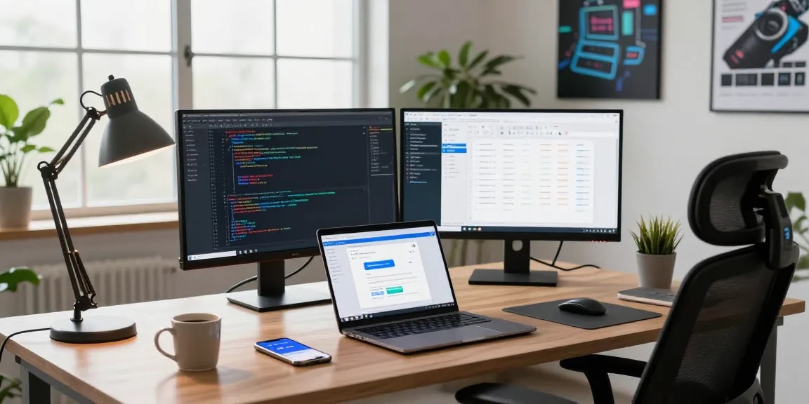 Download WPS Office interface displayed on a developer's laptop in a modern workspace filled with tech elements.