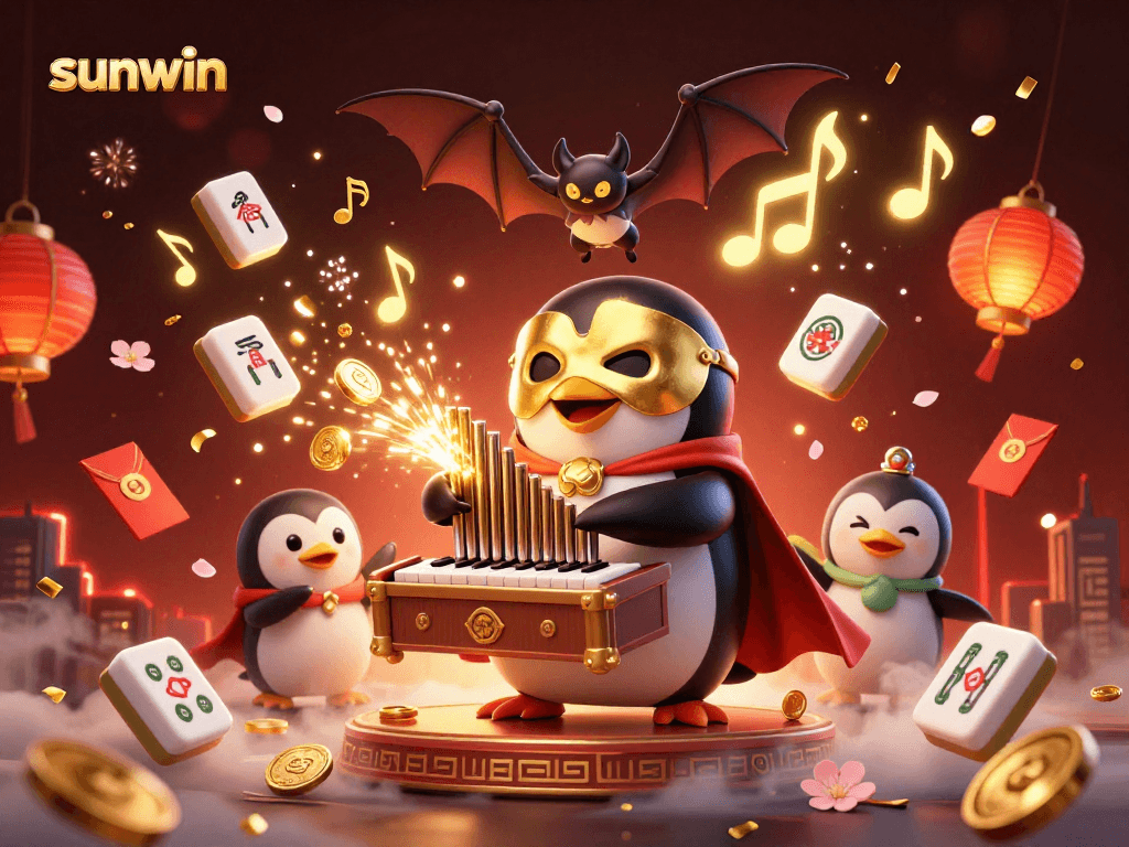 Experience sunwin soaring with phantom opera penguins and golden coins in a vibrant casino scene!