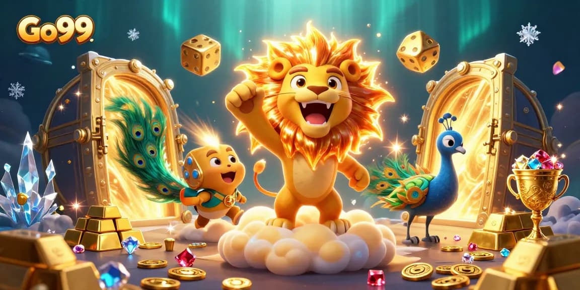 Engage with Go99’s thrilling casino experience featuring a roaring lion and golden treasures.